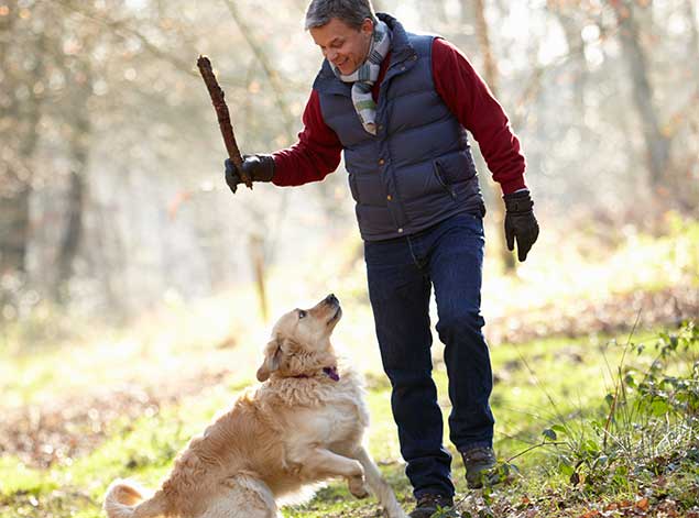 Man playing with his dog outdoors